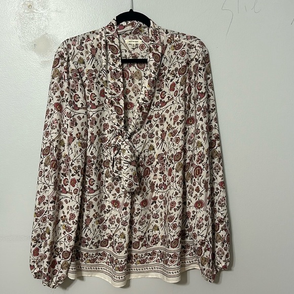 Max Studio Top Womens Size XL Floral Print Tie Neck Long Sleeve White Blouse - Picture 2 of 6